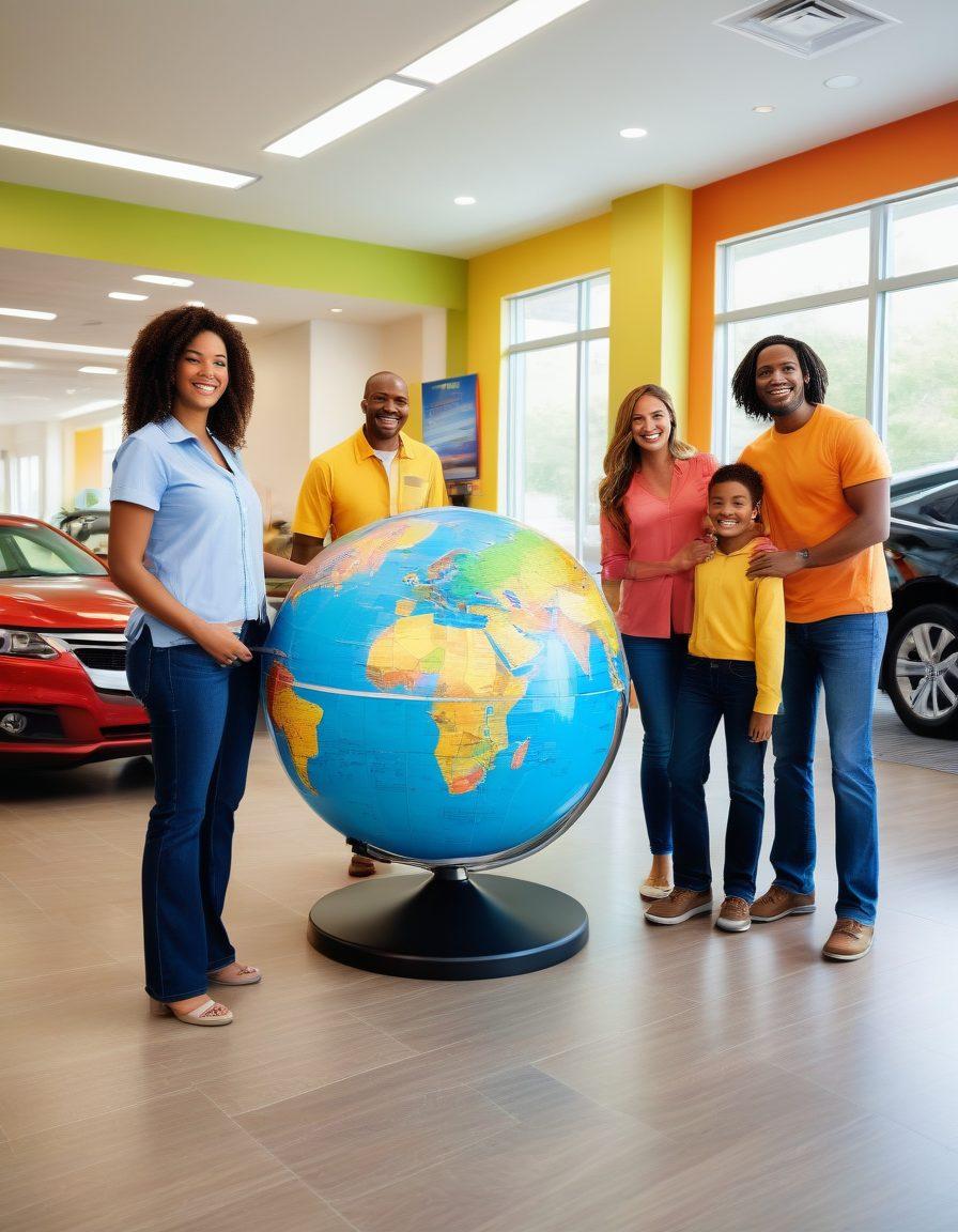 A cheerful family exploring various budget-friendly vehicle coverage options in a bright, open auto insurance office with colorful brochures and friendly staff. Include a vibrant mix of diverse vehicles (sedans, SUVs, and electric cars) showcased with price tags and icons symbolizing savings. A large globe in the background symbolizing global coverage options with dollar signs and shields integrated into the design. super-realistic. vibrant colors. modern style.