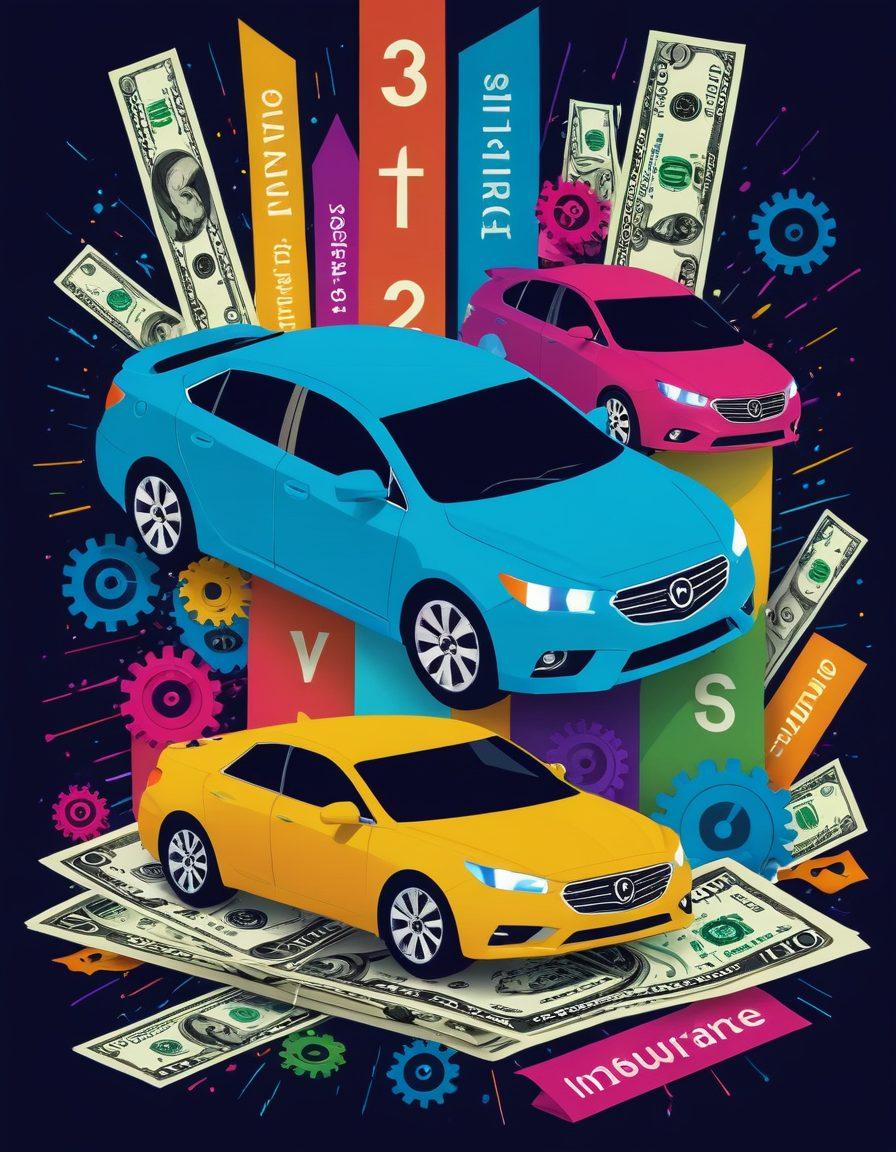 A split image showcasing two cars, one very expensive and another budget-friendly, set against a backdrop of dollar bills and calculator icons. Overlay a graph comparing auto insurance rates in bright colors, highlighting savings. Include an eager individual studying rates with a notebook in hand. Decorative elements like lightbulbs and gears symbolizing ideas and strategies. vibrant colors. vector art.